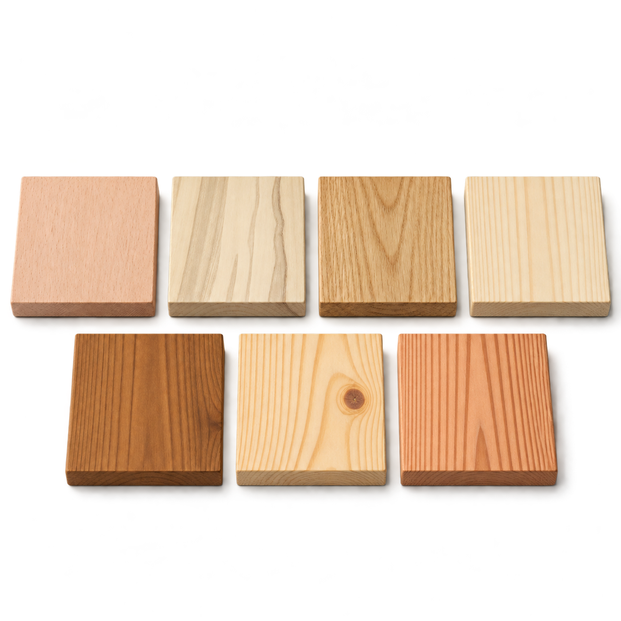 Sedm vzorků dřevin – buk, jasan, dub, smrk, Thermowood, borovice a modřín